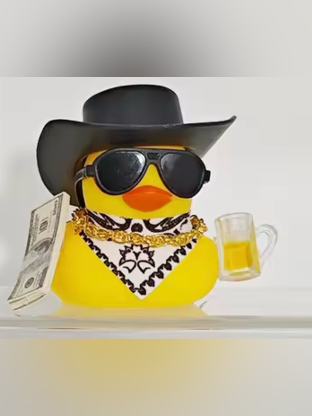 Novelty Yellow Rubber Duck with Black Hat and Sunglasses with cash and beer